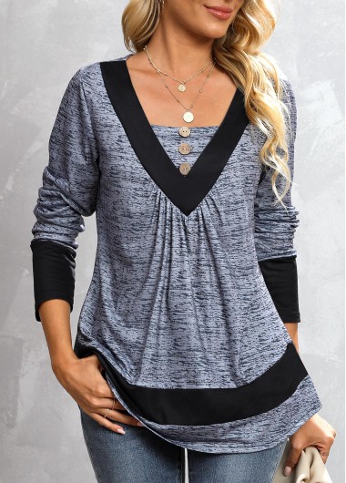 Dark Grey Marl Square Neck Button T Shirt