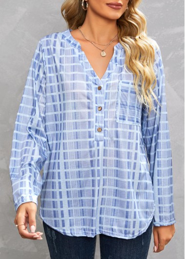 Plaid Pocket Dusty Blue Split Neck Blouse
