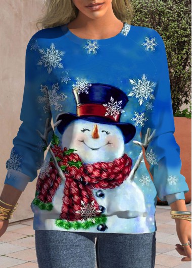 Snowman Print Blue Christmas Round Neck Sweatshirt