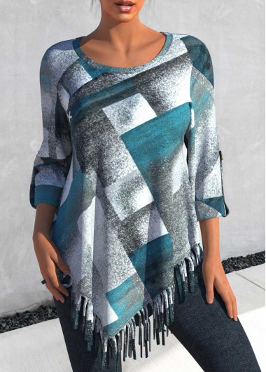 Plaid Tassel Dusty Blue Round Neck Blouse