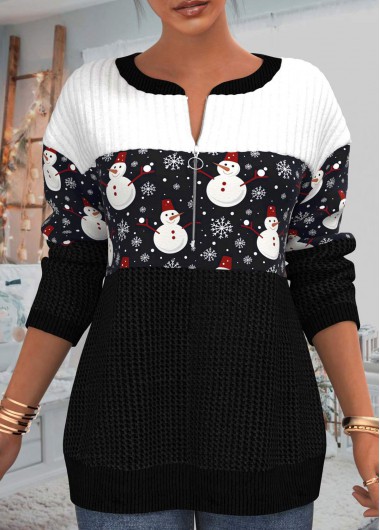 ROTITA Patchwork Snowman Print Black Christmas Round Neck Sweatshirt
