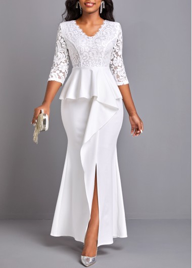 Lace Trim White Peplum Waist Maxi Dress