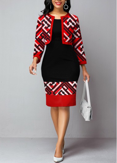 Geometric PrintRed Long Sleeve Bodycon Dress and Cardigan