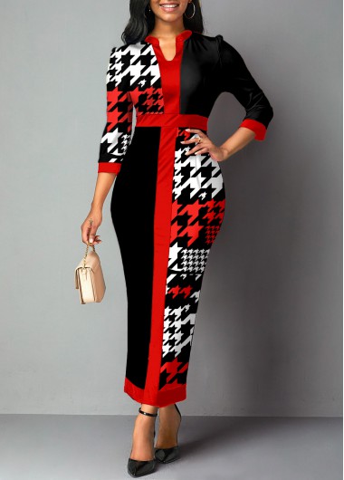 Plus Size Tartan Print Split Neck Black Bodycon Dress
