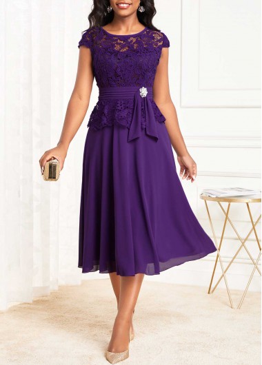 ROTITA Lace Purple Round Neck Cap Sleeve Dress