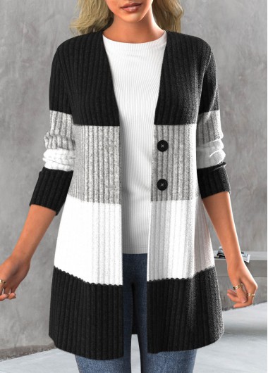 ROTITA Button Contrast Color Black Long Sleeve Cardigan