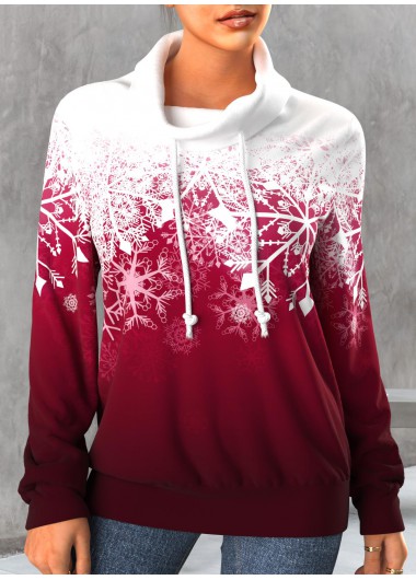 Plus Size Snowflake Print Drawstring Wine Red Christmas Sweatshirt