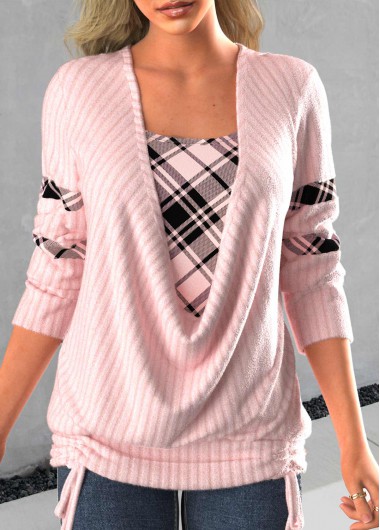 Plus Size Faux Two Piece Tie Side Light Pink Sweatshirt