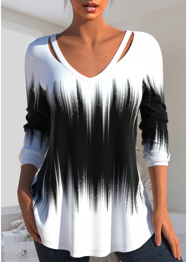 Plus Size Ombre Cut Out Black V Neck T Shirt