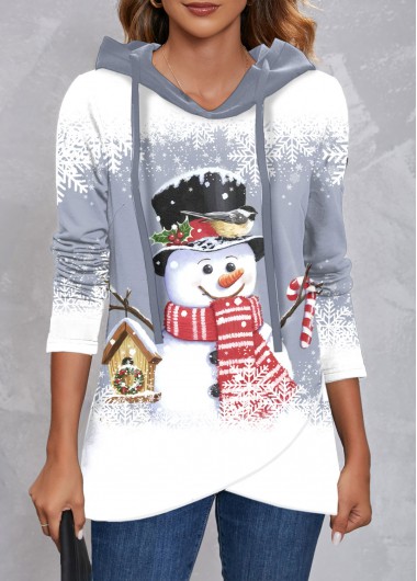 Plus Size Snowman Print Cross Hem Dusty Blue Hoodie