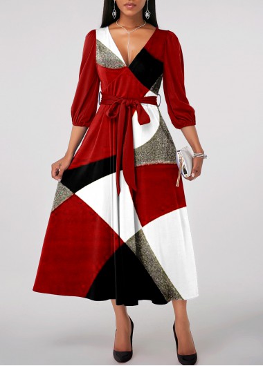 Geometric Print Patchwork Belted Red V Neck Dress
