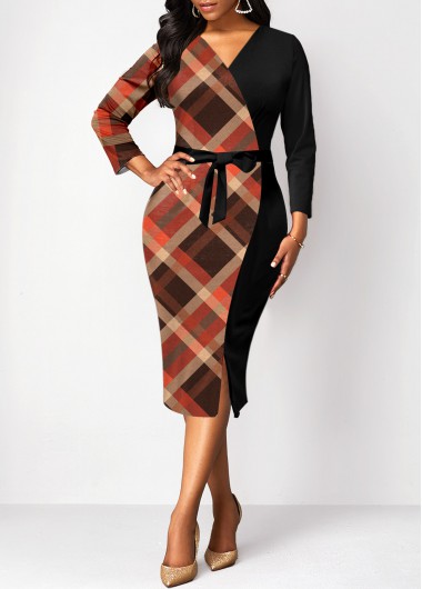 Plaid Surplice Belted Black V Neck Bodycon Dress