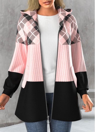 Plus Size Plaid Zipper Light Pink Hooded Long Sleeve Jacket