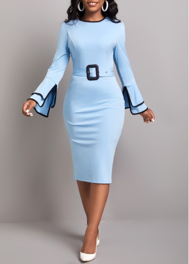 Contrast Binding Belted Light Blue Bodycon Dress