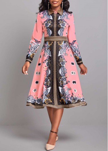 Floral Print Umbrella Hem Pink Shirt Collar Dress