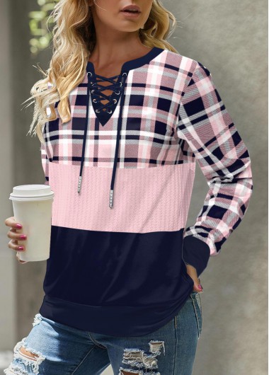 Plaid Lace Up Light Pink Long Sleeve Sweatshirt