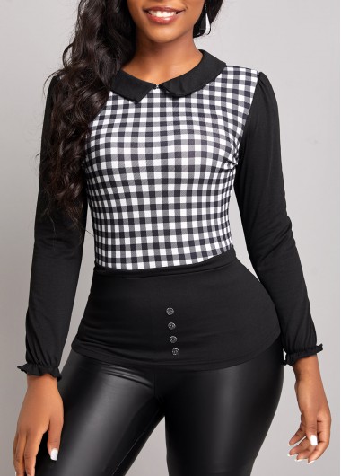 Plaid Long Sleeve Black Button Blouse