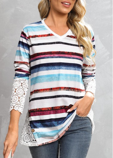Multi Stripe Print Lace V Neck T Shirt