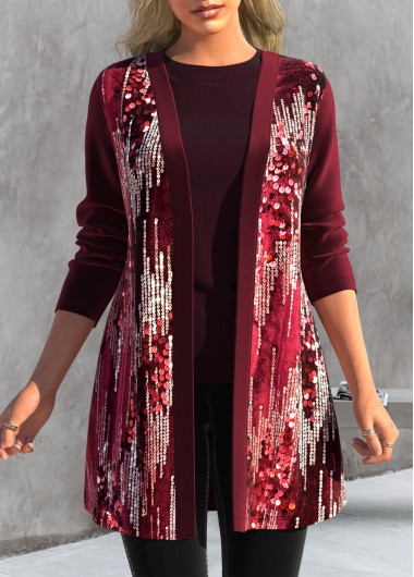 Plus Size Wine Red Long Sleeve Sequin Coat