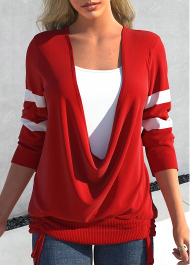 Fake 2in1 Square Neck Red T Shirt