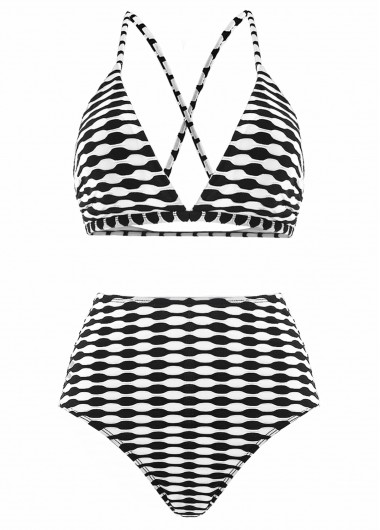 ROTITA Three-piece Black Geometric Print High Waisted Bikini Set