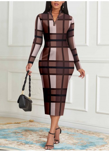 ROTITA Zipper Plaid Coffee Camel Stand Collar Dress