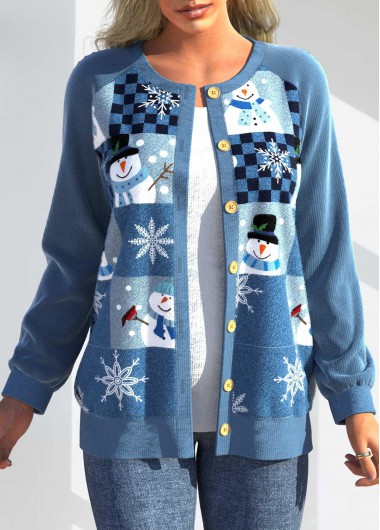 ROTITA Patchwork Christmas Print Blue Round Neck Cardigan