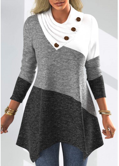 ROTITA Patchwork Decorative Button Asymmetrical Neck Long Sleeve Sweatshirt