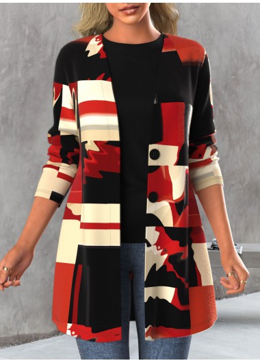 Geometric Print Button Red Long Sleeve Cardigan