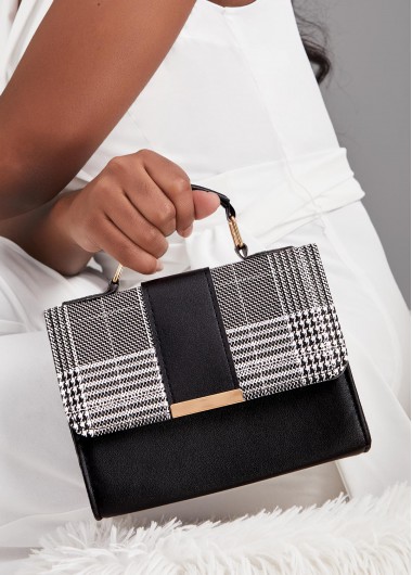 Houndstooth Print Magnetic Black Shoulder Bag
