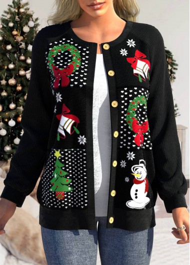 Plus Size Christmas Print Patchwork Black Long Sleeve Coat