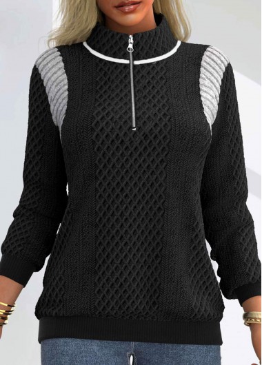 Patchwork Stand Collar Long Sleeve Black Sweatshirt