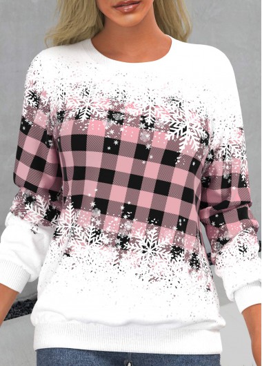 Snowflake Print Round Neck Long Sleeve Pink Sweatshirt