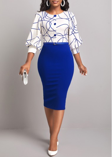 Graffiti Print Dark Blue Round Neck Bodycon Dress