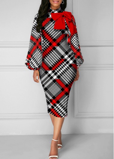 Houndstooth Print Bowknot Red Turtleneck Dress
