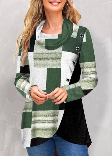 ROTITA Patchwork Geometric Print Green Cowl Neck Sweatshirt