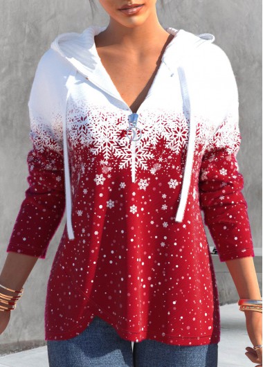 Plus Size Christmas Snowflake Print Zipper Red Long Sleeve Hoodie