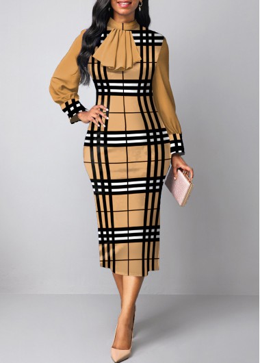 Plaid Patchwork Light Camel Stand Collar Bodycon Dress
