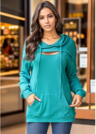 ROTITA Lace Up Cyan Long Sleeve Hoodie