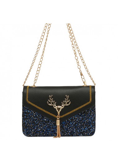 Faux Leather Black Sequined Magnetic Crossbody Bag