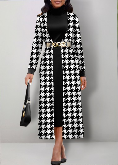 ROTITA Fake 2in1 Houndstooth Print Black Dress
