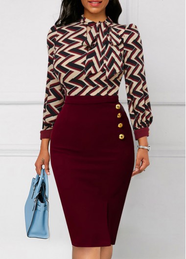 Striped Button Wine Red Tie Collar Bodycon Dress