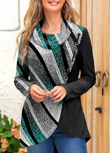 Geometric Print Patchwork Green Cowl Neck Sweatshirt