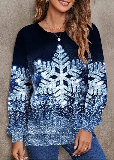 Snowflake Print Round Neck Blue Long Sleeve Sweatshirt