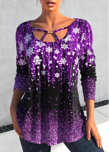 Snowflake Print Cut Out Violet T Shirt
