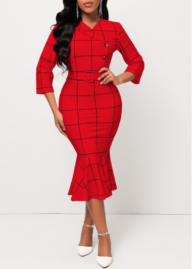 Red Belted Plaid Button Mermaid Dress