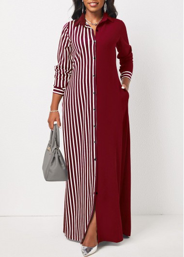 Pocket Wine Red Striped Maxi Dress