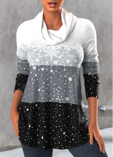 Snowflake Print Cowl Neck Grey Long Sleeve Sweatshirt