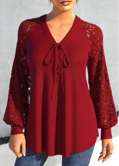 Lace Red V Neck Long Sleeve Blouse