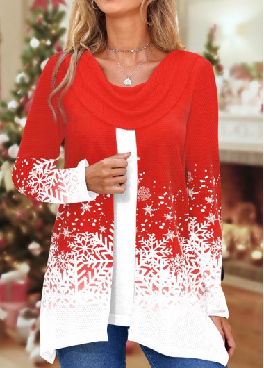 ROTITA Fake 2in1 Snowflake Print Red Draped Neck Sweatshirt
